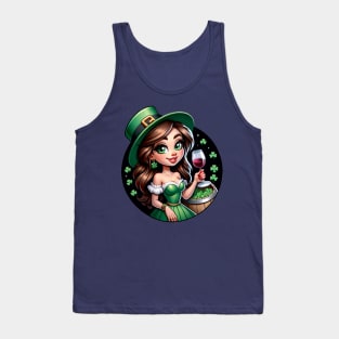 Pretty Irish Girl in green with shamrocks and a glass of wine Tank Top